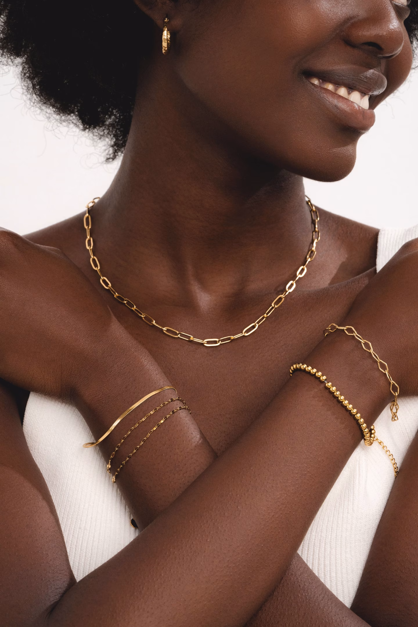 D. Louise model wearing bracelets, necklace and earrings