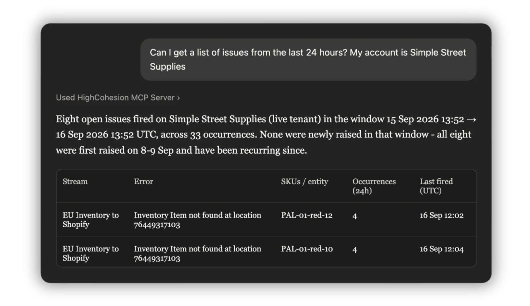 A screen showing an LLM chat. The user has asked a question about their integrations and the LLM has returned a comprehensive answer using the HighCohesion MCP Server.