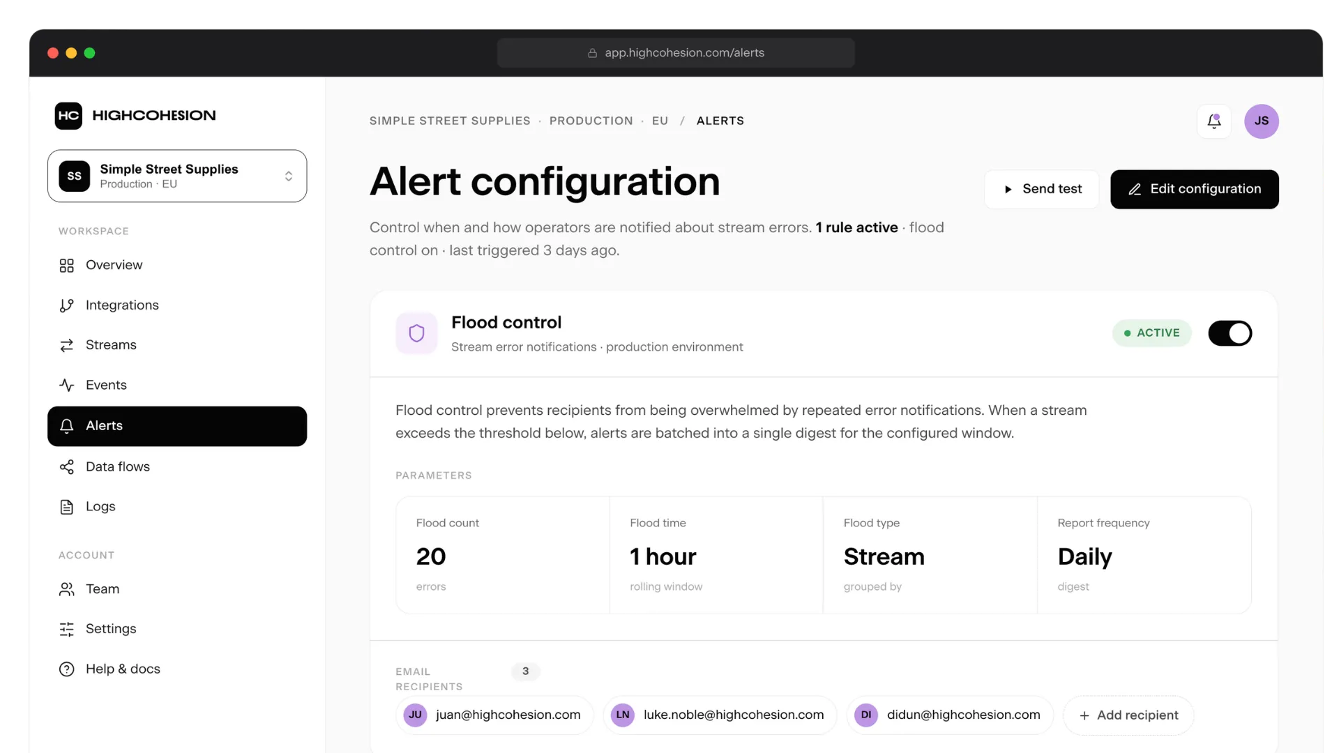 Configuring alerts in the HighCohesion Control Panel